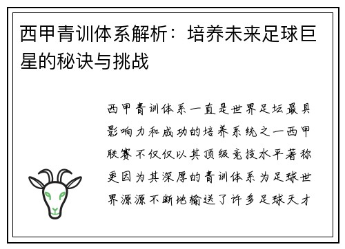 西甲青训体系解析：培养未来足球巨星的秘诀与挑战