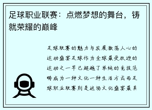 足球职业联赛：点燃梦想的舞台，铸就荣耀的巅峰