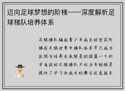迈向足球梦想的阶梯——深度解析足球梯队培养体系