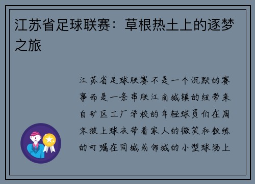 江苏省足球联赛：草根热土上的逐梦之旅