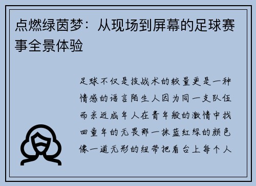 点燃绿茵梦：从现场到屏幕的足球赛事全景体验