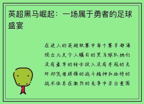 英超黑马崛起：一场属于勇者的足球盛宴